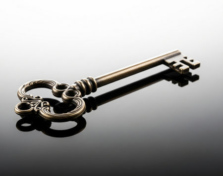 a detailed view of an antique key with a shiny surface and intricate design workの写真素材