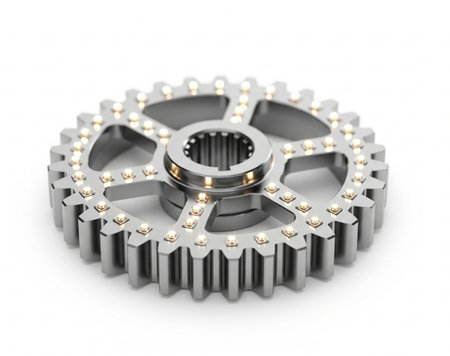 a shiny metal gear with teeth and a central hub is isolated on a plain white backgroundの写真素材