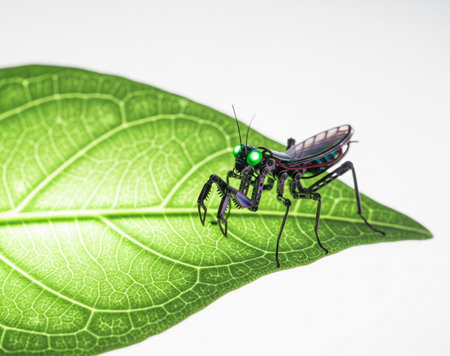 mechanical mantis with glowing green eyes stands on a vibrant green leaf close upの写真素材