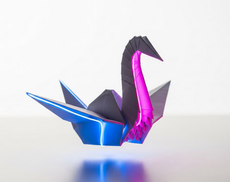 a digital rendering of a neon lit origami swan against a clean white backgroundの写真素材