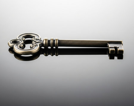 a close up studio shot of a vintage skeleton key on a reflective black surface