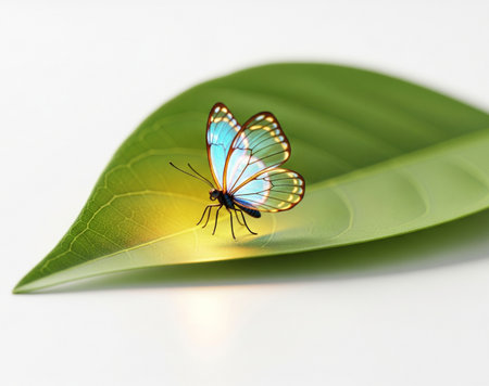 a glasswing butterfly sits gracefully on a bright green leaf, against white backdropの写真素材