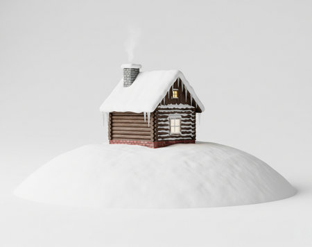 a cozy log cabin sits on a snow covered hill, smoke rising from the chimney above.の写真素材