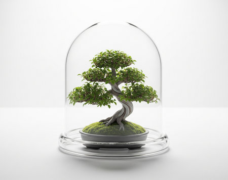 a bonsai tree in a gray pot under a glass dome displayed on a clean white surfaceの写真素材