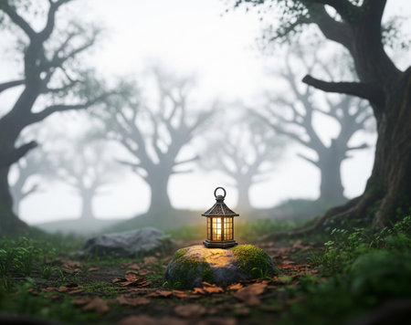 a lantern illuminates a mossy rock in a foggy forest, creating a serene atmosphereの写真素材