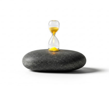hourglass with yellow sand sitting on a smooth gray stone against white backgroundの写真素材