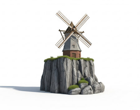 a charming windmill sits atop a rocky cliff with grass, set on a white backgroundの写真素材