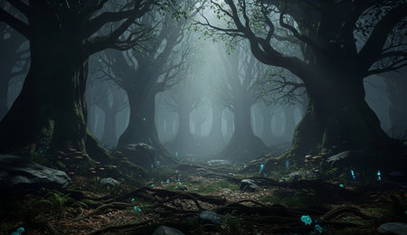 a dark forest with glowing moss and fog creates a spooky atmosphereの写真素材