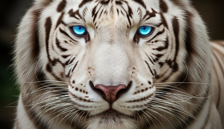 a stunning white tiger with piercing blue eyes stares intensely aheadの写真素材