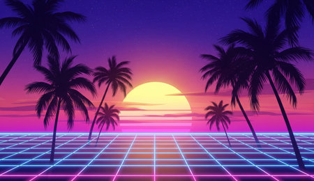 a retro synthwave sunset with palm trees and a neon grid landscapeの写真素材
