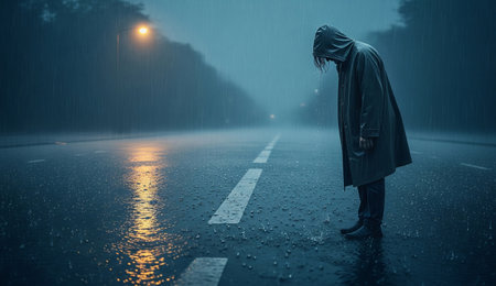 a lonely person stands in the rain on a dark road with a sad atmosphereの写真素材