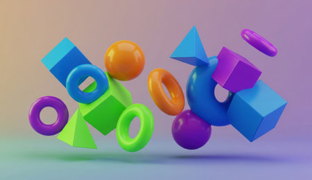 colorful geometric shapes floating in a modern abstract compositionの写真素材
