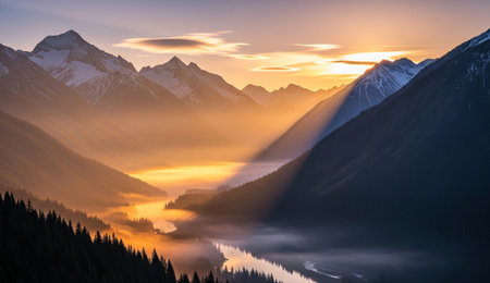 a beautiful sunrise over the mountains with fog in the valley below