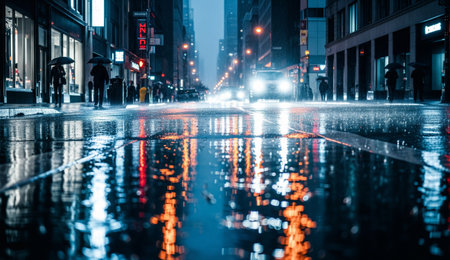 a wet city street at night with reflections and car headlights glareの写真素材