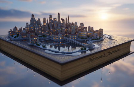 A miniature city on a book with water droplets view.の写真素材