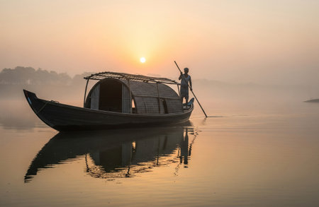 a man is rowing a boat on a river at sunrise timeの写真素材