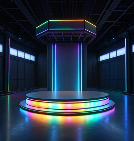 Futuristic empty room with neon lights. 3D rendering.