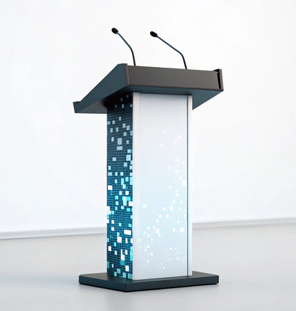 3d render of podium with microphones on white background, business conceptの写真素材