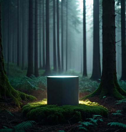 Fantasy dark forest with a glowing round table. 3d renderingの写真素材
