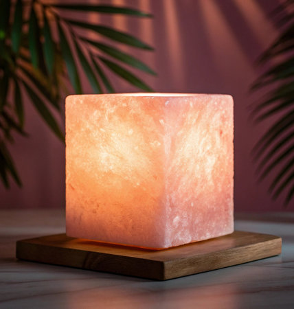 Aromatherapy candle on a wooden stand with palm leaves in the backgroundの写真素材