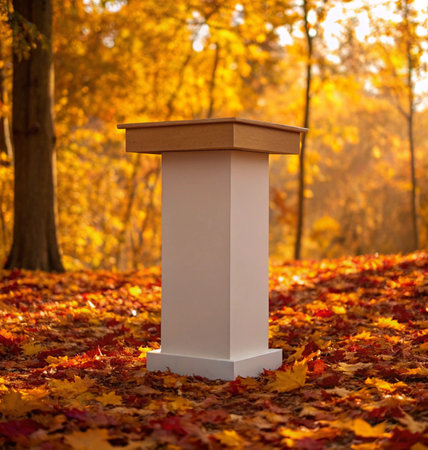 White pedestal in the autumn park against the backdrop of fallen leavesの写真素材