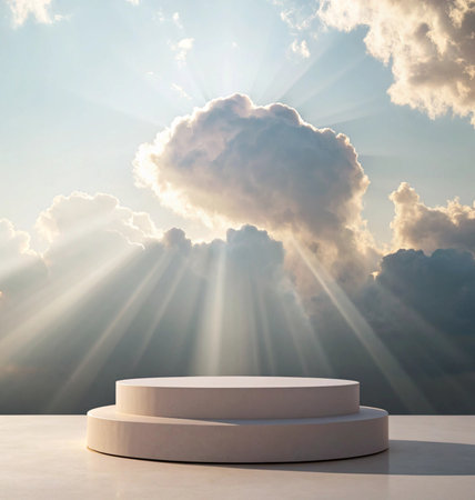 Round podium with clouds and rays of light. 3d render.の写真素材