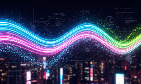 Cityscape meets digital age vibrant neon light flowing data stream above buildingsの写真素材