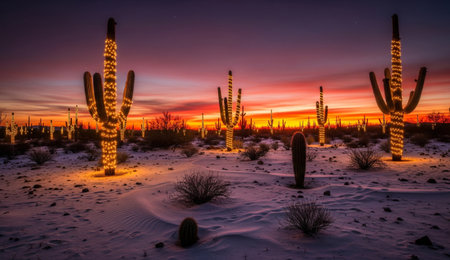 Desert Holiday Cactus Illuminated, winter wonderland, festive, night landscape, warm celebration,...
