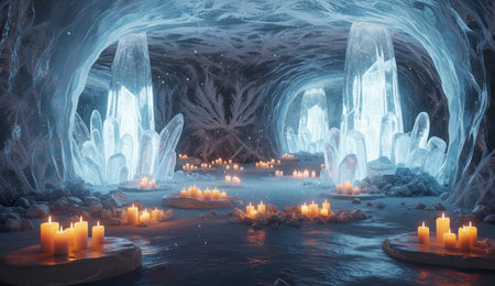 Icy Grotto lit by Candles, winter cavern, warm ambiance, glowing ice, crystal cave with serene illuminationの写真素材