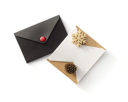 Stationery mockup with envelope card and pine cone elegant design branding visual identity flat lay...