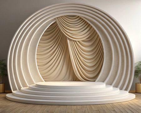 Minimalist stage backdrop design tiered presentation platform beige fabric drape luxurious event settingの写真素材