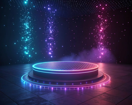 Dynamic illuminated stage bright neon light performance podium virtual presentation background.の写真素材
