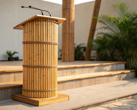 Stage setup featuring natural bamboo podium microphones Sustainable tropical design stage background Presentation furniture.の写真素材