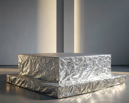 Product display conceptual platform metallic silver foil textured surface dramatic studio lighting background.の写真素材