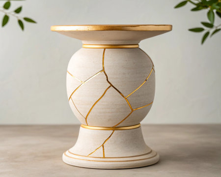 Ceramic podium repaired with golden lacquer art Kintsugi Japanese technique elegance and flaw acceptance.の写真素材