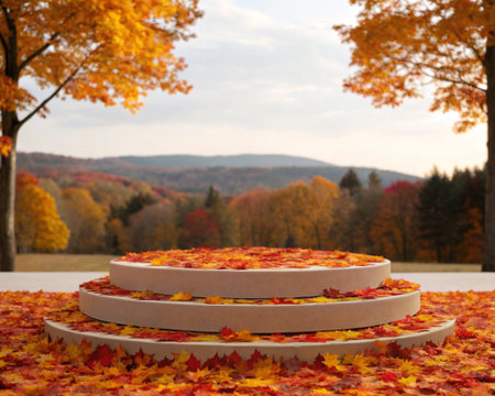 Fall season product display platform circular layers covered colorful maple leaves forest...