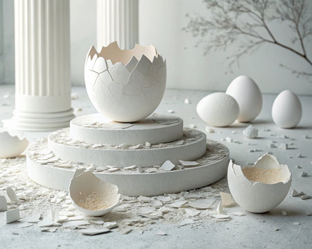 Monochromatic conceptual image cracked eggshell still life minimalist background studio display.