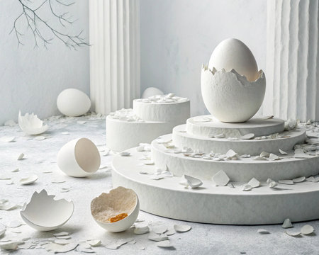 Monochromatic still life of cracked eggshell minimalist still life art conceptual birth display.