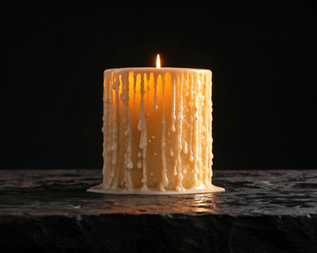 Large burning candle heavily dripped wax warm glow single flame darkness atmosphere solitudeの写真素材