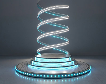 Futuristic tiered product podium Spiral structure Neon blue light backdrop technology showroomの写真素材