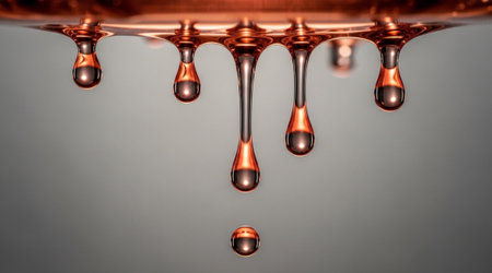 Copper viscous drops dripping gray background. Macro photography fluid surface tension detail. Liquid flow abstract concept.の写真素材