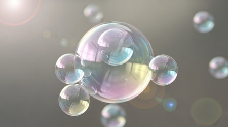 Detailed view of soap bubble cluster floating in air Reflective surface refraction light effect Delicate spheres floating freely.の写真素材