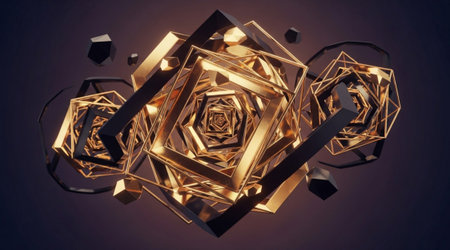 Intersecting geometric shapes Gold frames black elements Abstract luxury tunnel portal background Digital art render designの写真素材