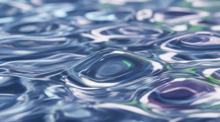 Abstract wavy blue liquid background pattern. Shiny vibrant fluid surface closeup. Glossy metallic ripple texture design concept.の写真素材