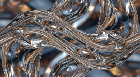 Abstract flowing clear substance background. Interlocked glossy liquid strands forming a chain structure. Viscous dynamic texture.の写真素材