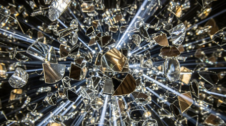 Broken mirror shards scattering through space abstract explosion geometry reflective pieces bright light beams artistic backgroundの写真素材