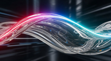 Transparent twisted wave Glowing neon light energy flow data stream Abstract technology background...