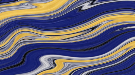 Swirling liquid colors creating abstract marble effect. Vibrant blue and yellow paint flowing together. Modern dynamic art texture backdrop design.の写真素材