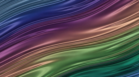 Abstract vibrant flowing satin fabric. Smooth wave pattern displaying spectral color gradients. Luxurious silk texture concept wallpaper.の写真素材