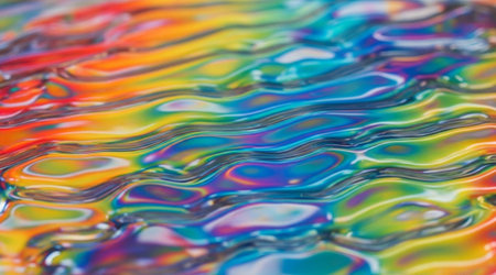 Vibrant liquid surface macro close up. Colorful flowing waves texture. Abstract bright holographic background design.の写真素材